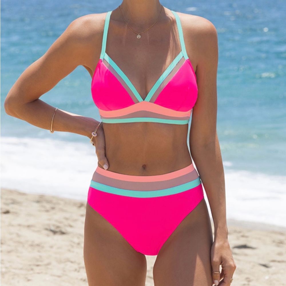 Popvil Mesh Tall Tri Mid-rise Back Tie Red Bikini Set